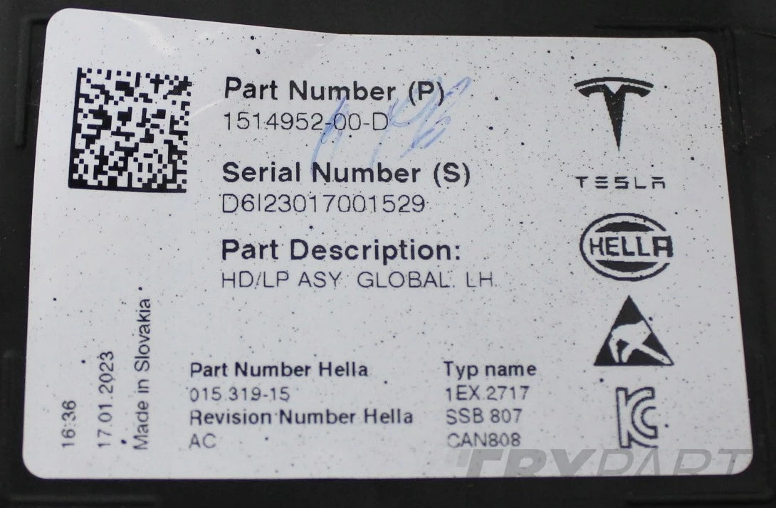 TESLA MODEL Y LEFT FRONT FULL LED HEADLIGHT ORG EU 1514952-00-D
