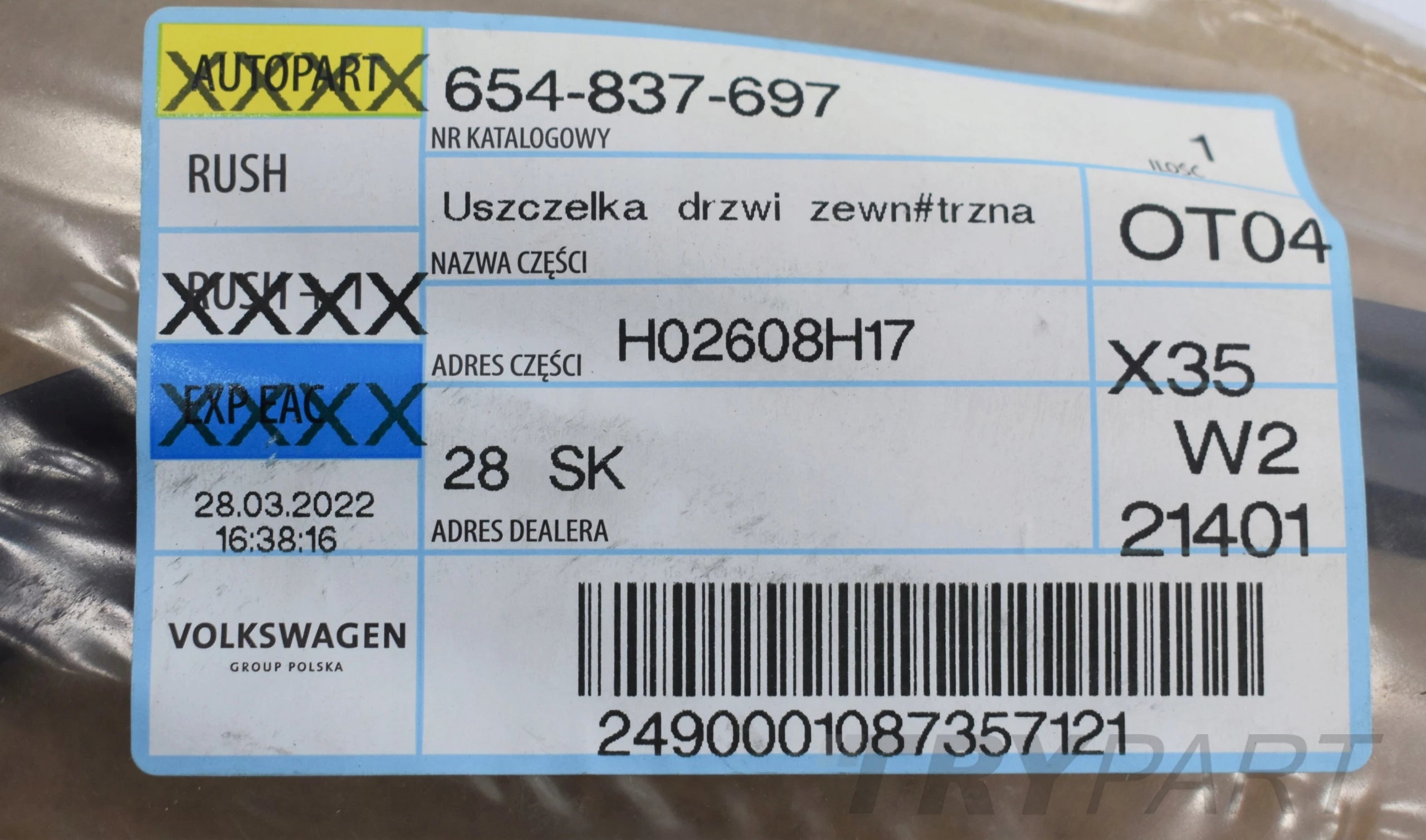 SKODA SCALA 654 DOOR SEAL RIGHT REAR ORG NEW