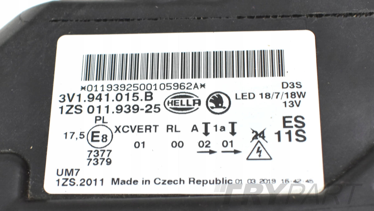 SKODA SUPERB III 3V LEFT FRONT HEADLIGHT ORG EU 3V1941015B