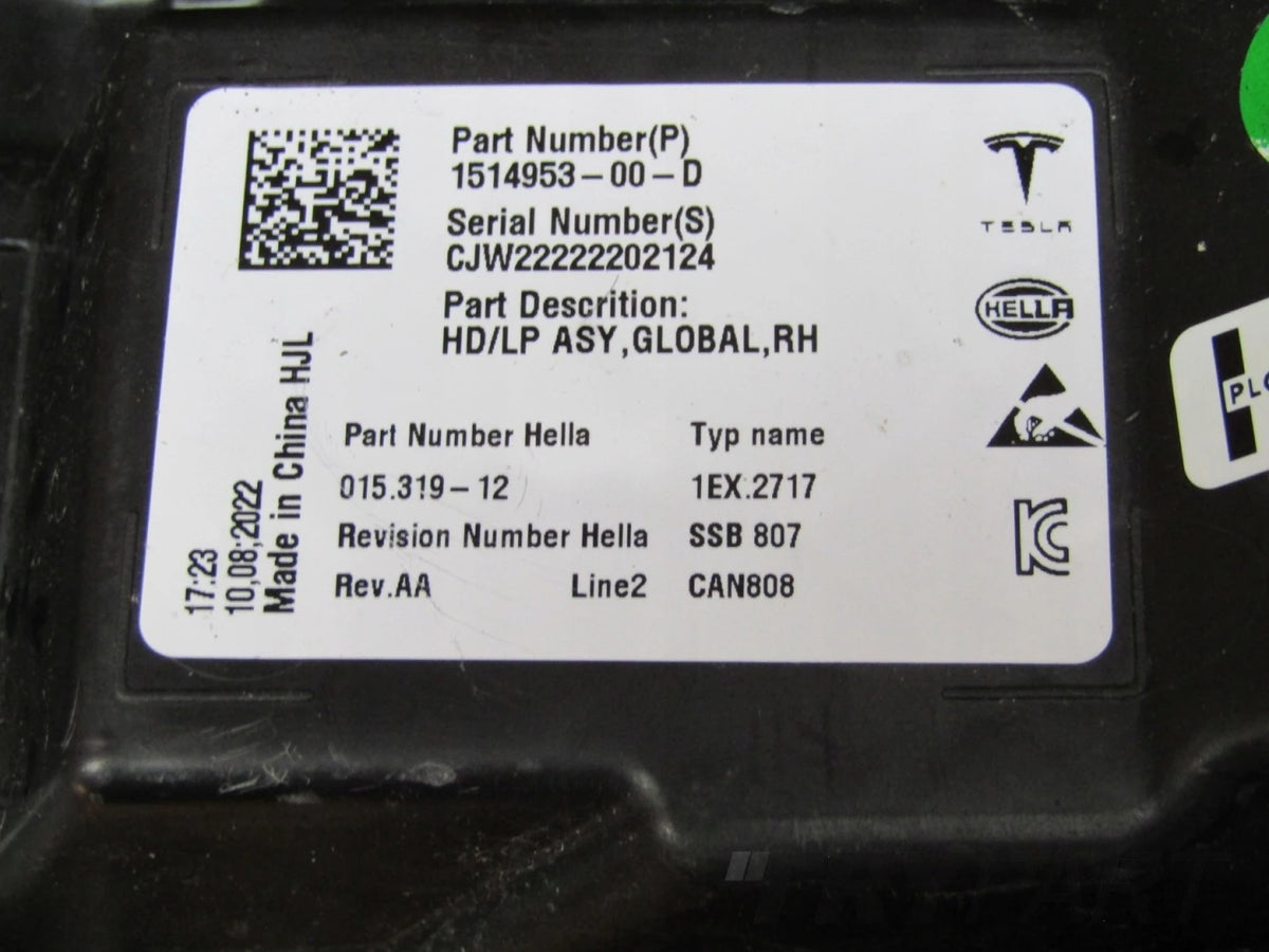 TESLA 3 Y LIFT FULL LED 20- HEADLIGHT RH RIGHT 1514953-00-D