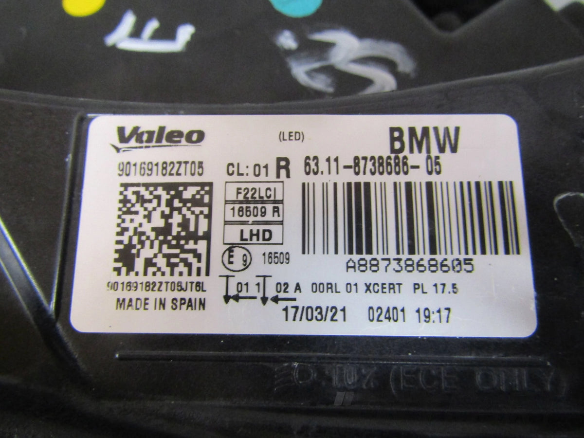 BMW 2 Series F22 F23 F87 LIFT ADAPTIVE FULL LED Headlight 17-21 RH 8738686