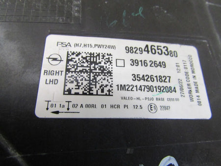 HEADLIGHT OPEL CORSA F STANDARD 19-23 RH RIGHT 9829465380