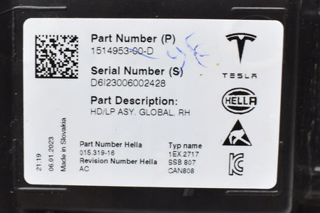 TESLA MODEL Y RIGHT FRONT HEADLIGHT EU ORG
